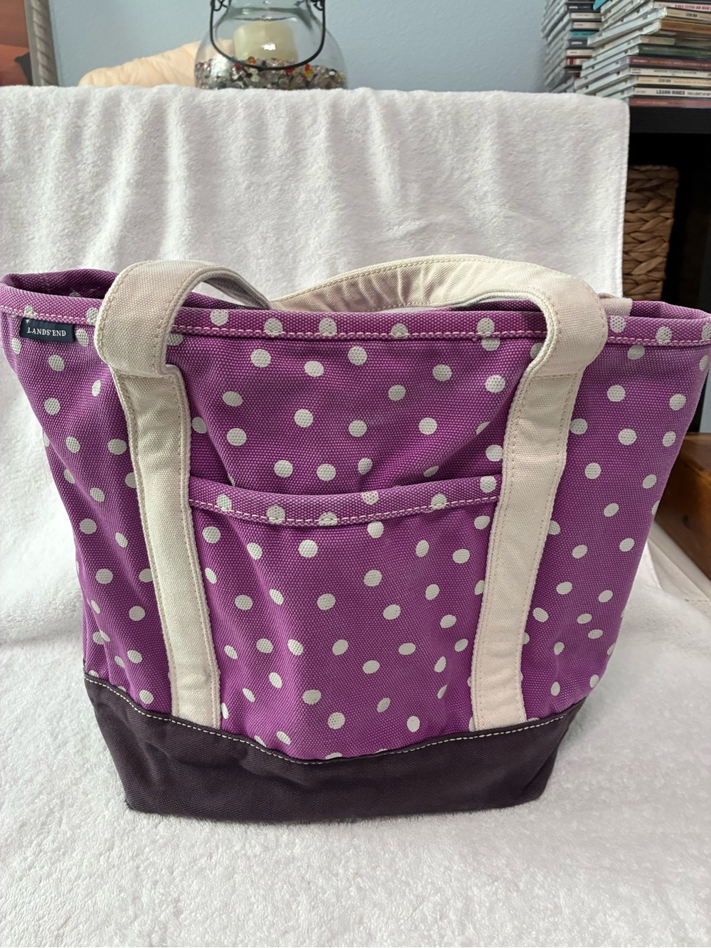Lands' End Purple Polka Dot Canvas Tote with Cream Handles and Brown Base